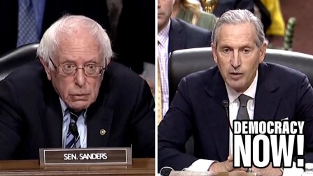 An image of Senator Bernie Sanders seated to interrogate at a Congressional hearing and another image of Starbucks CEO Howard Schultz speaking into a mic at the hearing.