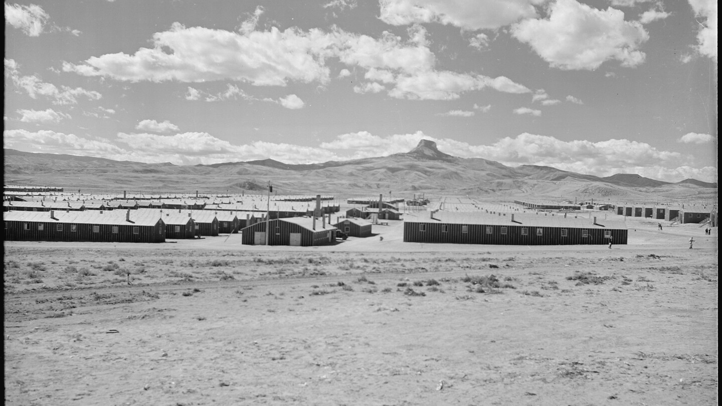 Looking west over the Heart Mountain Relocation Center with its sentry name sake, Heart Mountain, on the horizon.