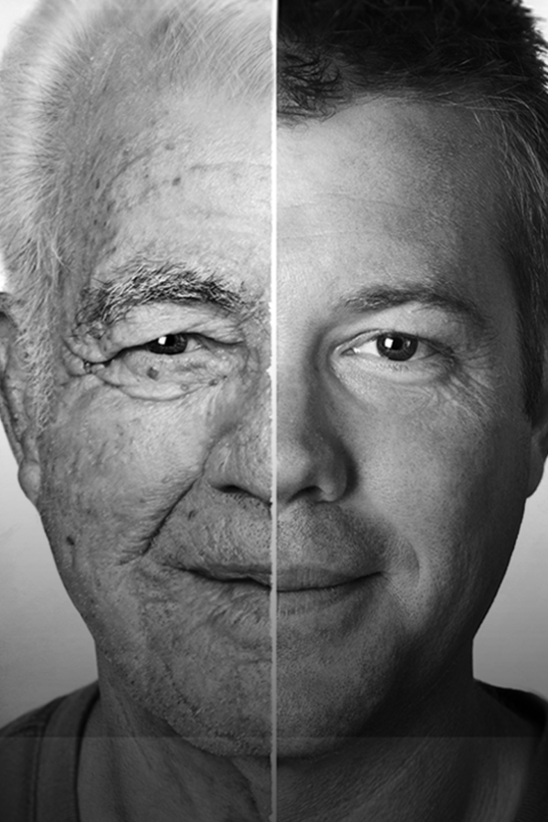 Split image of an older and younger version of the same man.