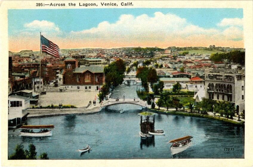 The canals converged on a large saltwater lagoon that later became a traffic circle. Courtesy of the Werner Von Boltenstern Postcard Collection, Loyola Marymount University Library.