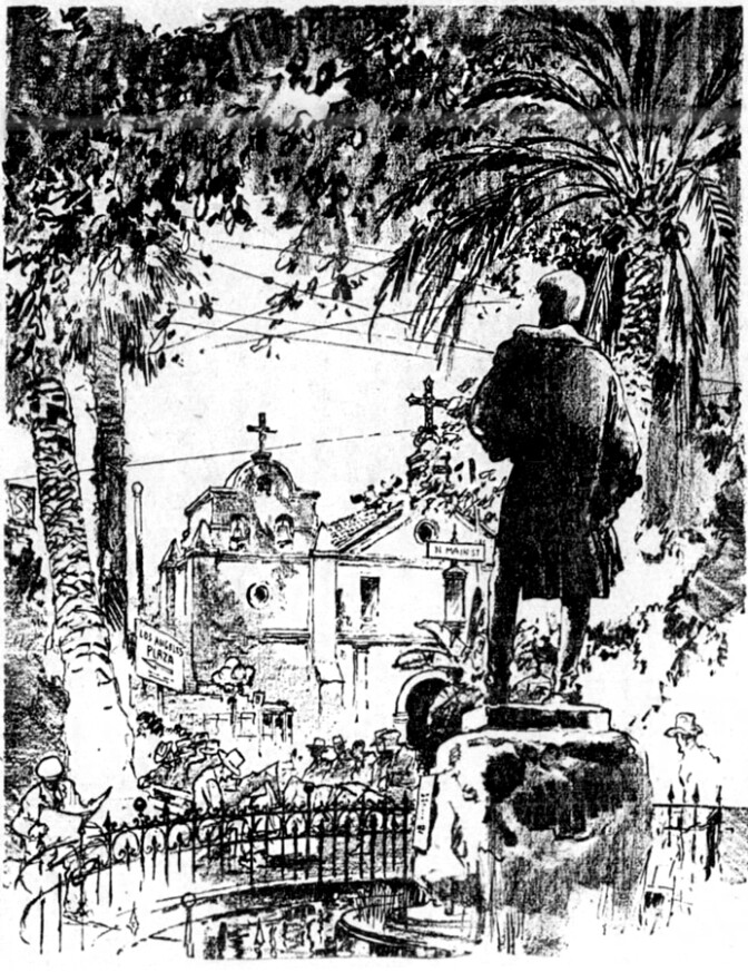 A black ink illustration of a church in the Spanish Mission architectural style. A statue of a man stands opposite the church and is surrounded by trees.