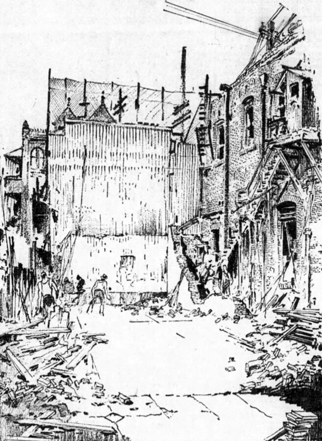 A black ink illustration of a demolished hotel, with one wall standing. The demolished building is used as a handball court. Two people are shown in the photo, playing handball amid the rubble.