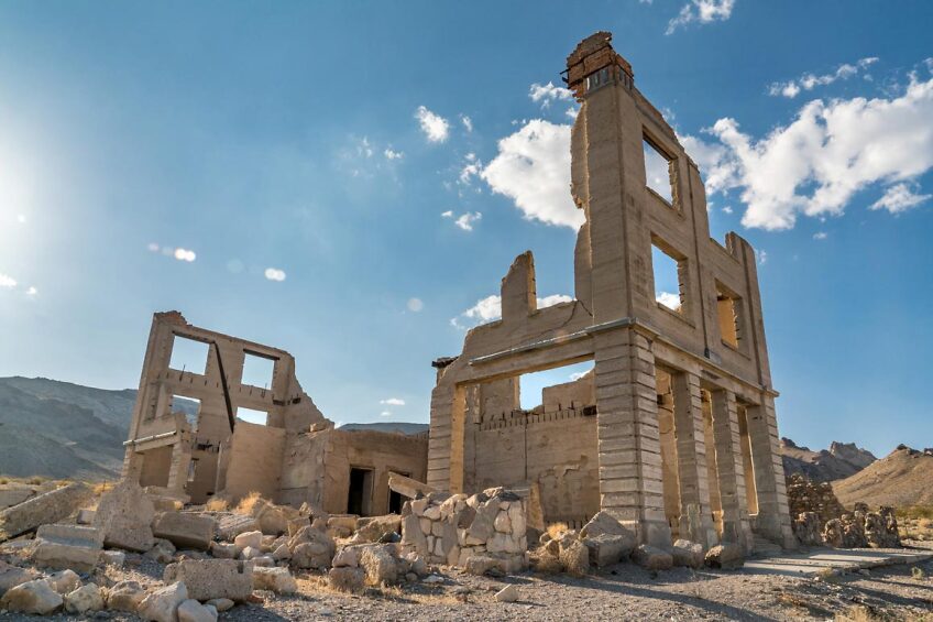 The ruins of Rhyolite's John S. Cook & Co. Bank Kim Stringfellow, August 2018.