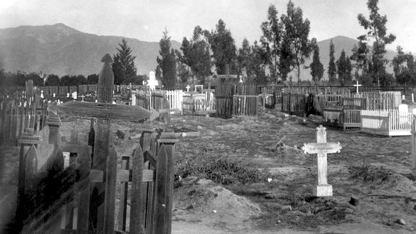 A black and white archival image of a cemetery with gravesites sparsely scattered across the ground, marked various sized and shaped crosses. Many of the crosses are encircled with a wooden fence. Beyond, is a mountain and trees. 