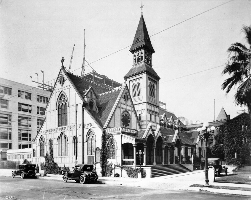 Exterior view of St. Paul's Episcopal Church on the west side of Pershing Square, which is now the present site of the Biltmore Hotel, ca.1920