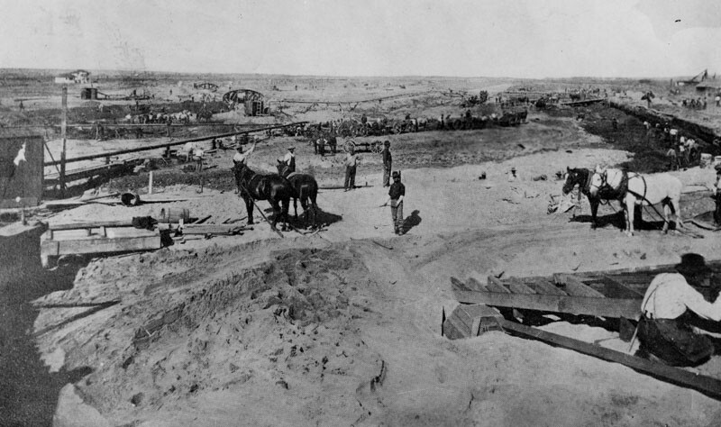 Mule teams began excavation work on the canals in 1904. Kinney later brought in steam shovels after deciding that work was proceeding too slowly. Courtesy of the Security Pacific National Bank Collection - Los Angeles Public Library.