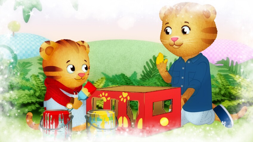 cartoon of a small tiger and his mom painting a box