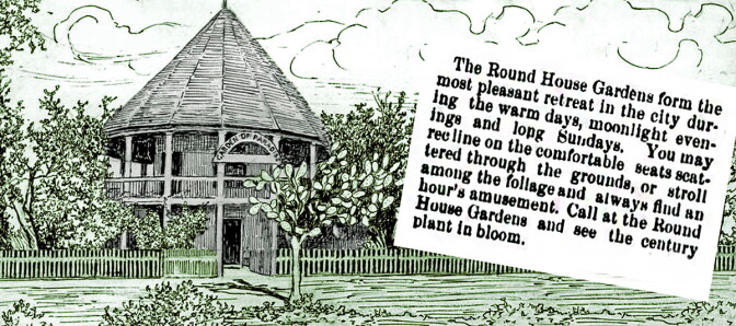An illustration of a bamboo/wood circular hut. Its rooftop comes up to a point in the middle. The small hut is two stories tall. Trees surround the hut and the whole space is enclosed by a short wood fence. To the right of the illustration is a chunk of text that reads, 