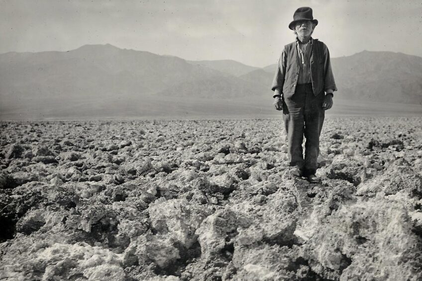 Frank "Shorty" Harris — the quintessential "single blanket jackass prospector" photographed by Dane Coolidge on Death Valley's salt beds. | Courtesy of the Eastern California Museum.