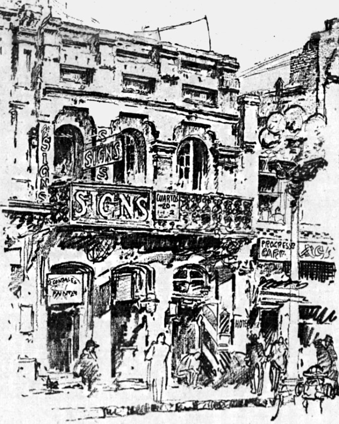 A black ink pen illustration of a Los Angeles street storefront in the 1930s. There are signs attached to the building and people walking and sitting around the storefront.
