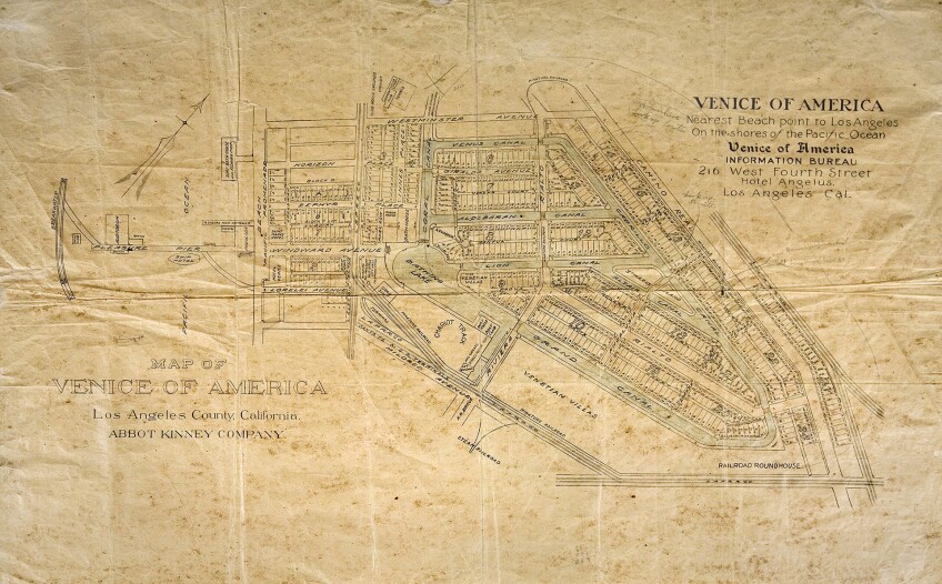 Abbot Kinney's original plan for Venice of America. All the canals pictured here are now paved roads. Courtesy of the Los Angeles Public Library Map Collection.