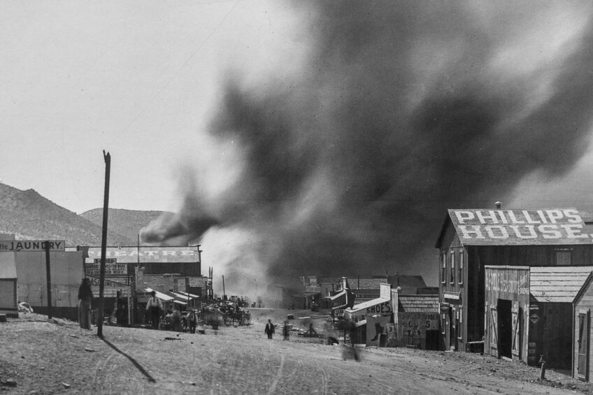 One of several fires that would ravage Randsburg, CA. Photographed by C.W. Tucker in 1898. | Courtesy of the Covina Historical Society.