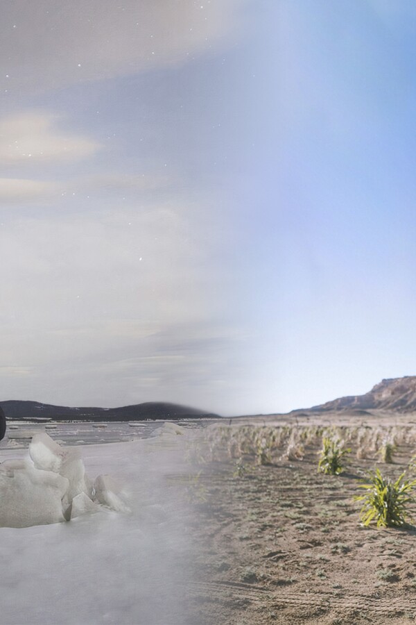 A person stares across an arctic landscape while another person walks through a desert.